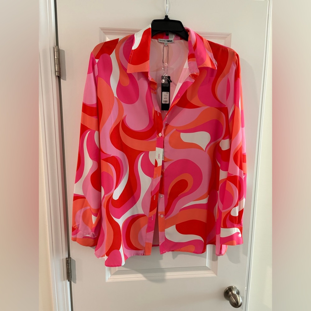 Fashion Nova Pink and Red Swirl Button Down Shirt - 2X NWT